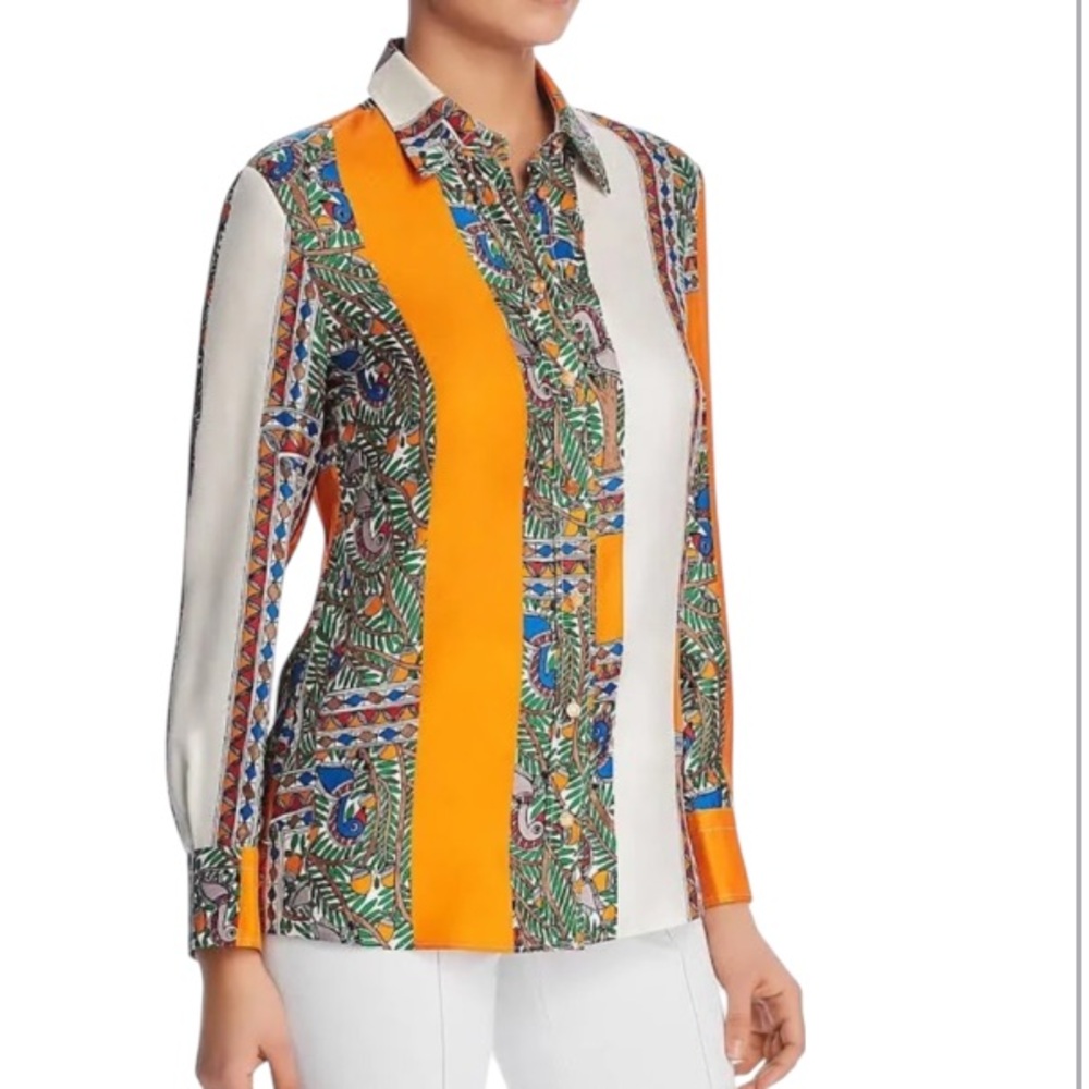 Tory Burch Printed Silk Button down Shirt In Something Wild Stripe 6